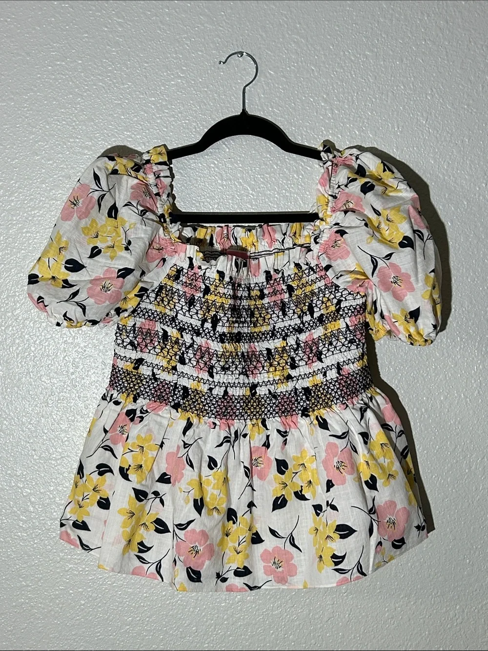 Kate Spade Lilly Blooms Puff Sleeve Peplum Top - Pink & Yellow